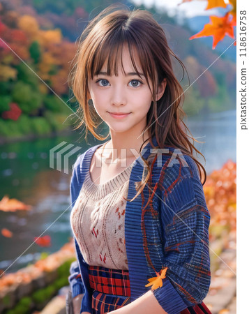 Autumn leaves landscape and smiling young woman 118616758