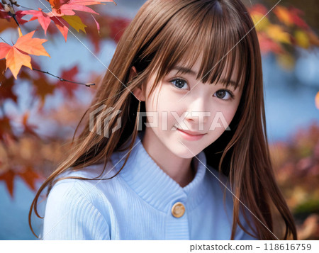 Autumn leaves landscape and smiling young woman 118616759
