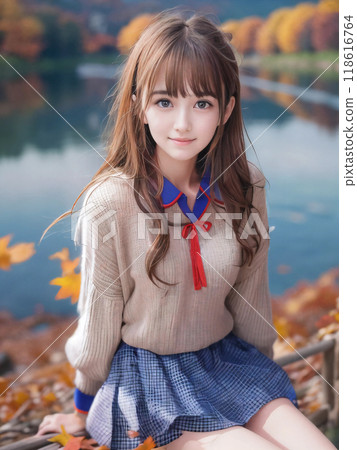 Autumn leaves landscape and smiling young woman 118616764
