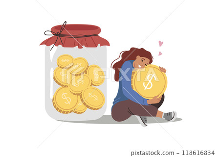 Woman saves and accumulates money to achieve financial security, sits near large jar of coins 118616834