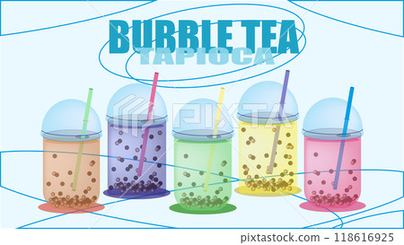 Set of bubble green tea milk with jelly balls stuffed with juice and the inscription bubble tea, tea drink with added topping in transparent cups with straws with different fruit flavors 118616925