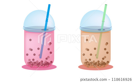 Tasty milk bubble tea in glass on white background, Bubble tea with different fruit flavors in cups with colorful straws, milk tea with tapioca, bubble boba milk tea cups 118616926