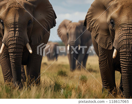 A herd of African elephants walking across the savannah 118617065