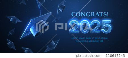 Graduation caps in air on blue. Graduate student, graduation celebration 118617243