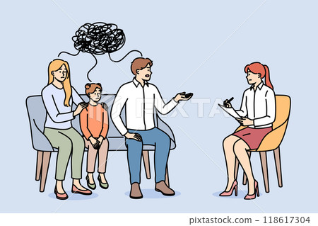 Family psychotherapy session for parents and little daughter sitting near psychologist 118617304