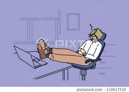 Man sleeps sitting in office and with legs on desk, covering face with diary, demonstrating laziness Man sleeps sitting in office and with legs on desk, covering face with diary, demonstrating laziness 118617316
