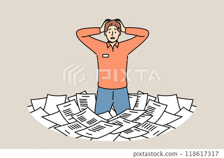 Paperwork and bureaucracy frighten man standing among pile of paper documents and clutching head Paperwork and bureaucracy frighten man standing among pile of paper documents and clutching head 118617317