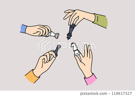 Chess in hands of people from opposing teams, as concept of strategic confrontation between rivals 118617327