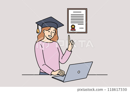 Woman graduate receives online education using laptop and demonstrates certificate Woman graduate receives online education using laptop and demonstrates certificate 118617330