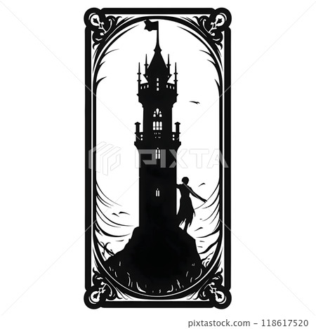 Black silhouette of a card with a tower and a woman on white background. 118617520