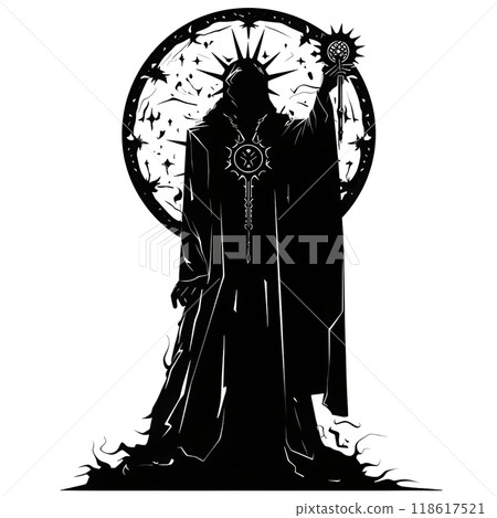 Black silhouette of a wizard on white background. 118617521