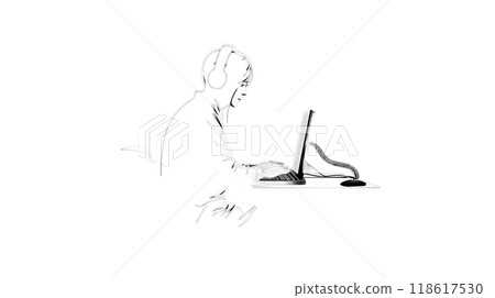 Black silhouette of a girl at desk and laptop on black background. Black silhouette of a girl at desk and laptop on black background. 118617530