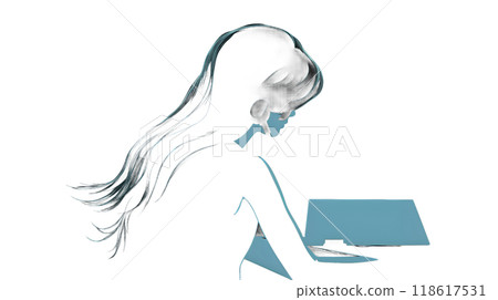 Black silhouette of a girl at desk and laptop on black background. Black silhouette of a girl at desk and laptop on black background. 118617531