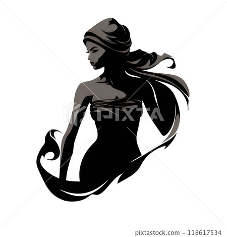 Black silhouette of a women with headscarf on white background. 118617534