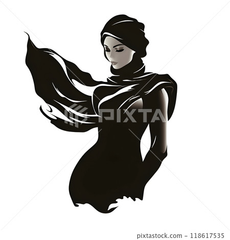 Black silhouette of a women with headscarf on white background. 118617535