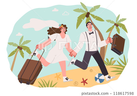 Honeymoon for newlyweds running along beach with luggage in hands, hurrying to swim in sea Honeymoon for newlyweds running along beach with luggage in hands, hurrying to swim in sea 118617598
