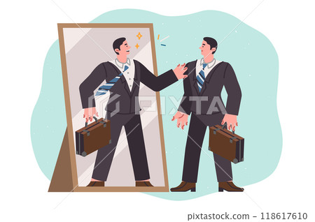 Business man uses self-motivation by looking in mirrors and preparing for important meeting 118617610