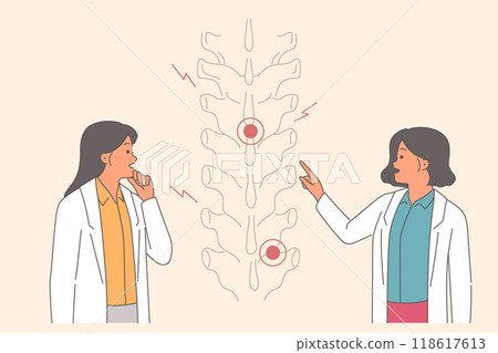 Injured spine is examined by two doctors, discussing possibility of using alternative medicine 118617613