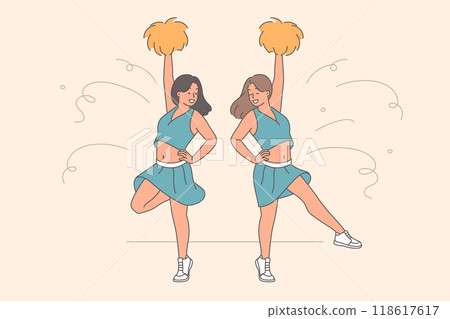 Girls cheerleaders with pumpons on their hands jump to support football team in important match Girls cheerleaders with pumpons on their hands jump to support football team in important match 118617617