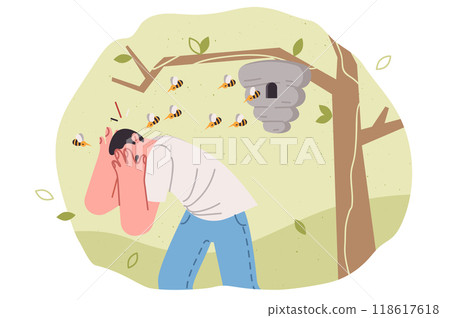 Swarm of bees attacks man who comes close to nest hanging on tree or touches hive Swarm of bees attacks man who comes close to nest hanging on tree or touches hive 118617618