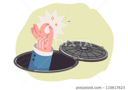 Man demonstrates resistance to stress by falling into sewer and showing ok gesture Man demonstrates resistance to stress by falling into sewer and showing ok gesture 118617623