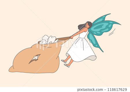 Tooth fairy pulls large bag of children molars, leaving money for little ones as sign of comfort 118617629