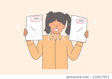 Schoolgirl rejoices at receiving excellent grade and completing exam test with 100 points 118617631