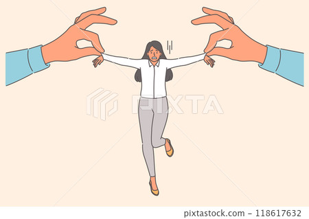 Pressure on business woman from person pulling to side, demanding that plan be carried out Pressure on business woman from person pulling to side, demanding that plan be carried out 118617632