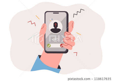 Phone in hand of person receiving anonymous call with unsolicited advertisement or scam offer 118617635