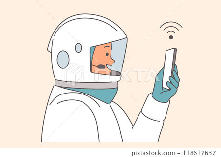 Man astronaut with smartphone explores outer space and takes selfies while traveling into orbit 118617637