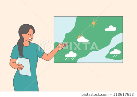 Woman gives weather forecast on TV, standing near map and telling where precipitation will fall 118617638