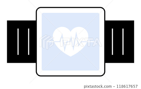 A digital fitness tracker with a heartbeat icon and pulse wave on a blue screen, attached to a black wristband. Ideal for health monitoring, fitness tracking, wearable tech, exercise routine, heart he 118617657