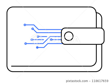 A digital wallet with blue circuit lines on it. Simple lines. Ideal for technology, finance, digital transactions, cybersecurity, and innovation themes. Clean, minimalistic, futuristic. 118617659