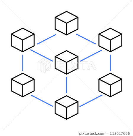 Six cubes connected by blue lines showcasing a network structure. Ideal for technology, blockchain, networks, data, digital systems. Simple vector style. 118617666