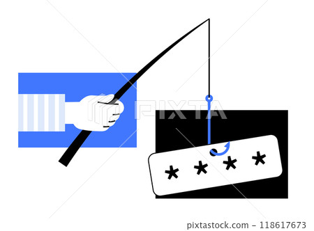 Hand holding a stick with a password hook signifies cyber risk. Ideal for cybersecurity, online safety, data protection, hacking awareness, tech security. Minimalist vector art. 118617673