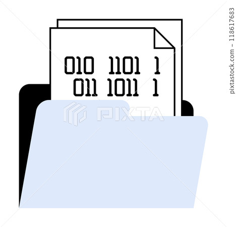 Blue folder holding papers with binary code. Ideal for data management, digital information, computer science, file organization, coding. Simple vector style. Blue folder holding papers with binary code. Ideal for data management, digital information, computer science, file organization, coding. Simple vector style. 118617683