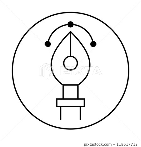 Pen nib with anchored vector path curves inside a circle, minimalistic style. Ideal for graphic design, digital illustration, creative projects, design tools, and vector art themes. 118617712