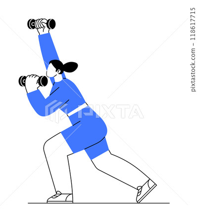 A woman in a blue athletic outfit is depicted performing an upright lunge, while lifting dumbbells in both hands. She has her hair tied back in a ponytail and is wearing sneakers. Ideal for fitness, e A woman in a blue athletic outfit is depicted performing an upright lunge, while lifting dumbbells in both hands. She has her hair tied back in a ponytail and is wearing sneakers. Ideal for fitness, e 118617715