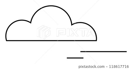 A minimalist vector image showing a cloud outlined in black with two horizontal lines to the right suggesting speed or movement. Ideal for weather, technology, communication, web design, and simplicit 118617716