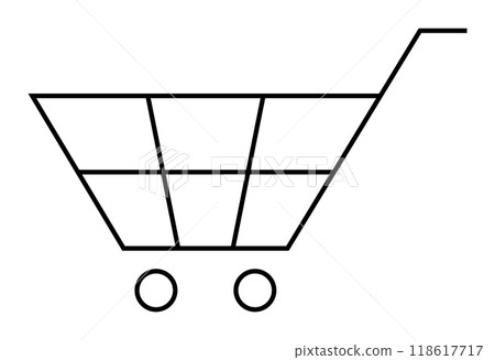 Simple line art of a shopping cart with wheels and a handle. Ideal for e-commerce, online shopping, retail, convenience, and user interface design. Clean and minimalist style. 118617717