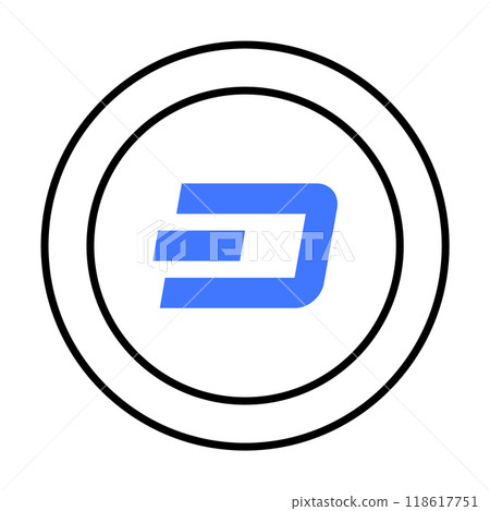 A stylized DASH cryptocurrency logo in blue within two concentric black circles. Ideal for cryptocurrency, digital finance, fintech innovation, blockchain technology, and modern design. Simple vector A stylized DASH cryptocurrency logo in blue within two concentric black circles. Ideal for cryptocurrency, digital finance, fintech innovation, blockchain technology, and modern design. Simple vector 118617751