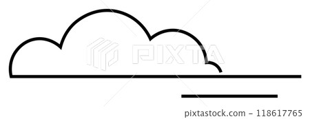 Single black outline of a cloud, with a horizon line and shadow beneath. Ideal for weather apps, websites, environmental themes, forecasts, and minimalist art. Clean design, modern style. 118617765