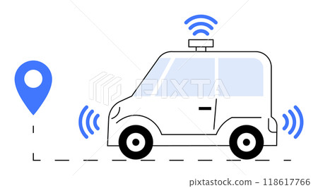 A small autonomous vehicle emitting signal waves is positioned beside a location pin, emphasizing navigation, technology, and connectivity. Ideal for self-driving cars, GPS tracking, smart technology, A small autonomous vehicle emitting signal waves is positioned beside a location pin, emphasizing navigation, technology, and connectivity. Ideal for self-driving cars, GPS tracking, smart technology, 118617766
