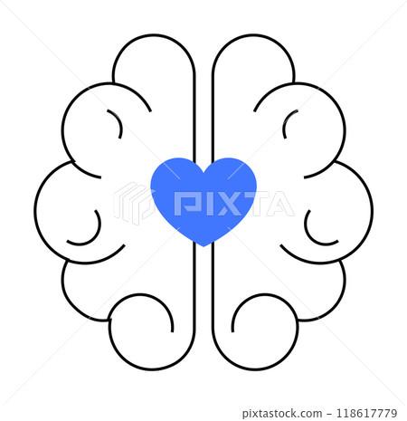 Brain with a blue heart at its center. Ideal for mental health, emotional intelligence, mindfulness, psychological well-being, and self-awareness. Simple, modern, clean. Brain with a blue heart at its center. Ideal for mental health, emotional intelligence, mindfulness, psychological well-being, and self-awareness. Simple, modern, clean. 118617779