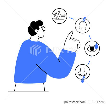 Person points at icons of nose, eye, head, and tissue, indicating sensations or health symptoms. Ideal for medical, allergy, health awareness, education, infographics, and wellness. Simple line art st 118617783