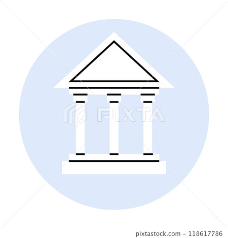 A classic Greek temple with four pillars and a triangular pediment is centered within a light blue circle. Ideal for architecture, history, education, cultural heritage, ancient Greece. Clean line art 118617786