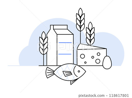 This image depicts a milk carton, two wheat stalks, a piece of cheese with holes, a fish, and an egg against a soft blue background. Ideal for themes related to food, agriculture, nutrition, grocery, This image depicts a milk carton, two wheat stalks, a piece of cheese with holes, a fish, and an egg against a soft blue background. Ideal for themes related to food, agriculture, nutrition, grocery, 118617801