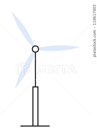 Simple wind turbine with three pale blue blades and a vertical tower. Ideal for renewable energy, sustainability, green technology, clean power, and minimalist designs. Clear lines, modern look. Simple wind turbine with three pale blue blades and a vertical tower. Ideal for renewable energy, sustainability, green technology, clean power, and minimalist designs. Clear lines, modern look. 118617803