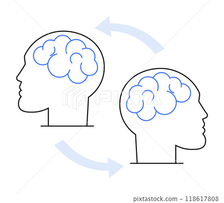 Two human heads outlined with brains inside, connected by bidirectional arrows, signifying idea sharing or mind connection. Ideal for communication, psychology, teamwork, collaboration, interdisciplin 118617808