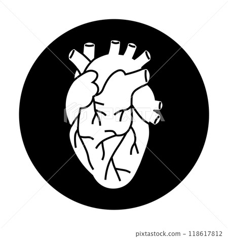 A white anatomical heart on a black circular background. Detailed line art depicting heart vessels and chambers. Ideal for medical, health, anatomy education, biology studies, and healthcare designs. 118617812